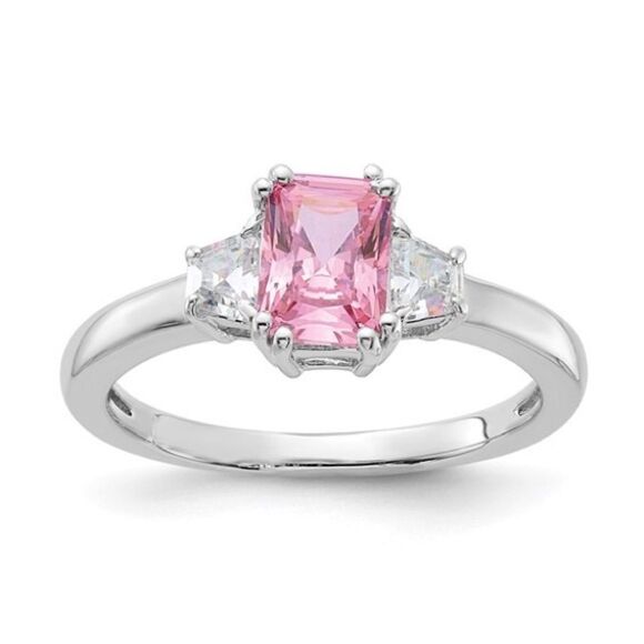 Sterling Silver  Emerald-cut Pink/White Diamonore  Ring, new - Picture 1 of 4
